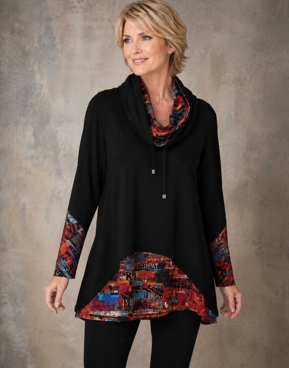 Ali Miles PXL Black Cowl Neck Tunic Top Art Print Trim Plus Size Travel Career